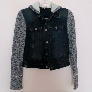 Free People denim  hooded distressed jean jacket with knit details